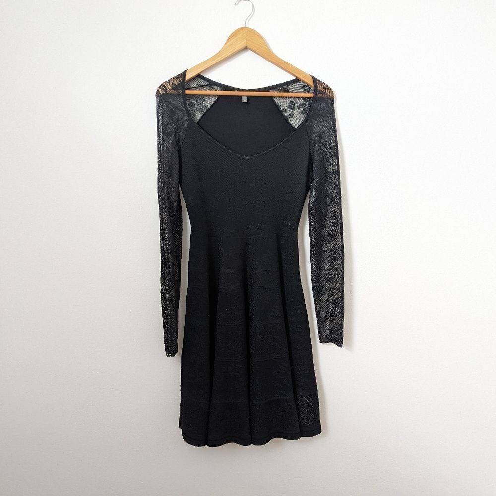 Zac Posen black lace sheer long sleeve fit and flare full skirt mini dress